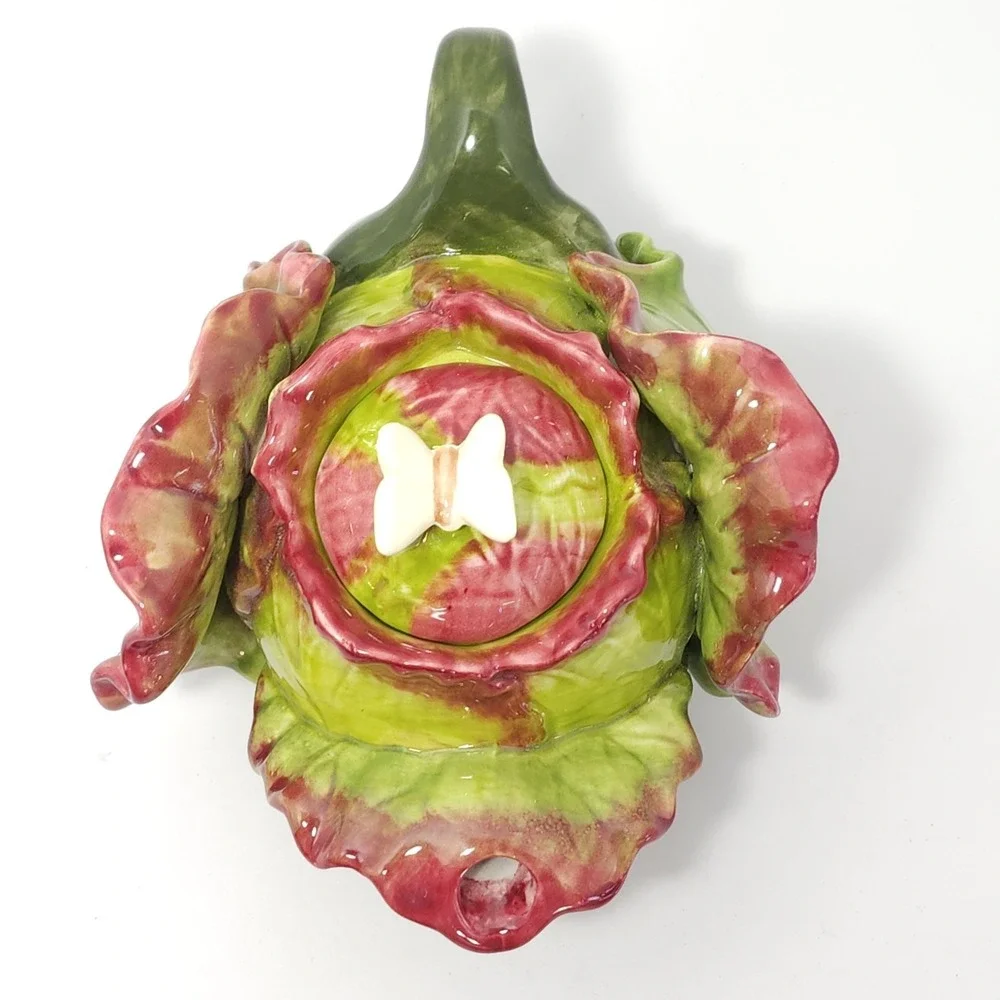 Rare VTG‎ Red Leaf Lettuce Kale Shaped Teapot by Jay Willfred for Andrea Sadek